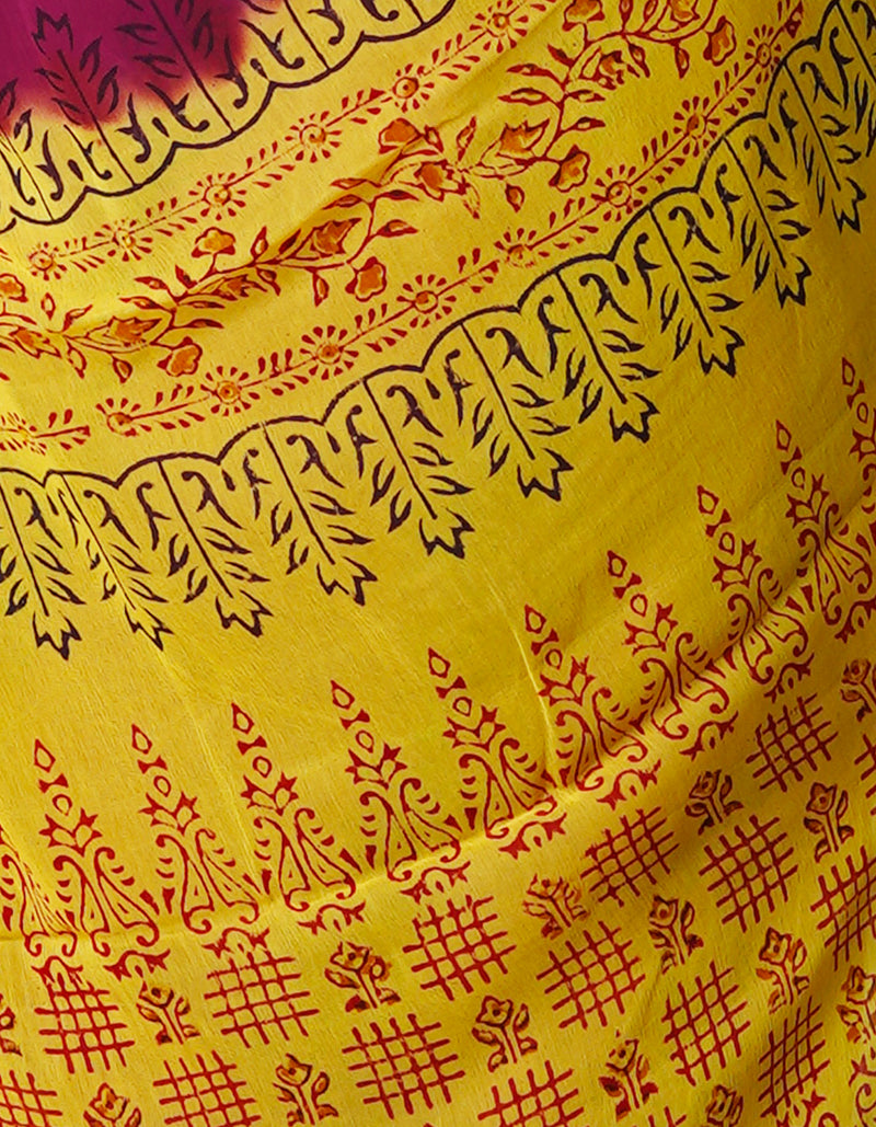 Dark Purple-Yellow  Diamond Chiffion Rapid Hand Block Printed Silk Saree-UNM69373