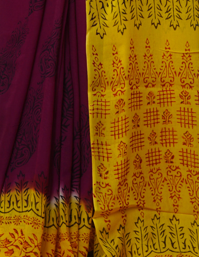 Dark Purple-Yellow  Diamond Chiffion Rapid Hand Block Printed Silk Saree-UNM69373