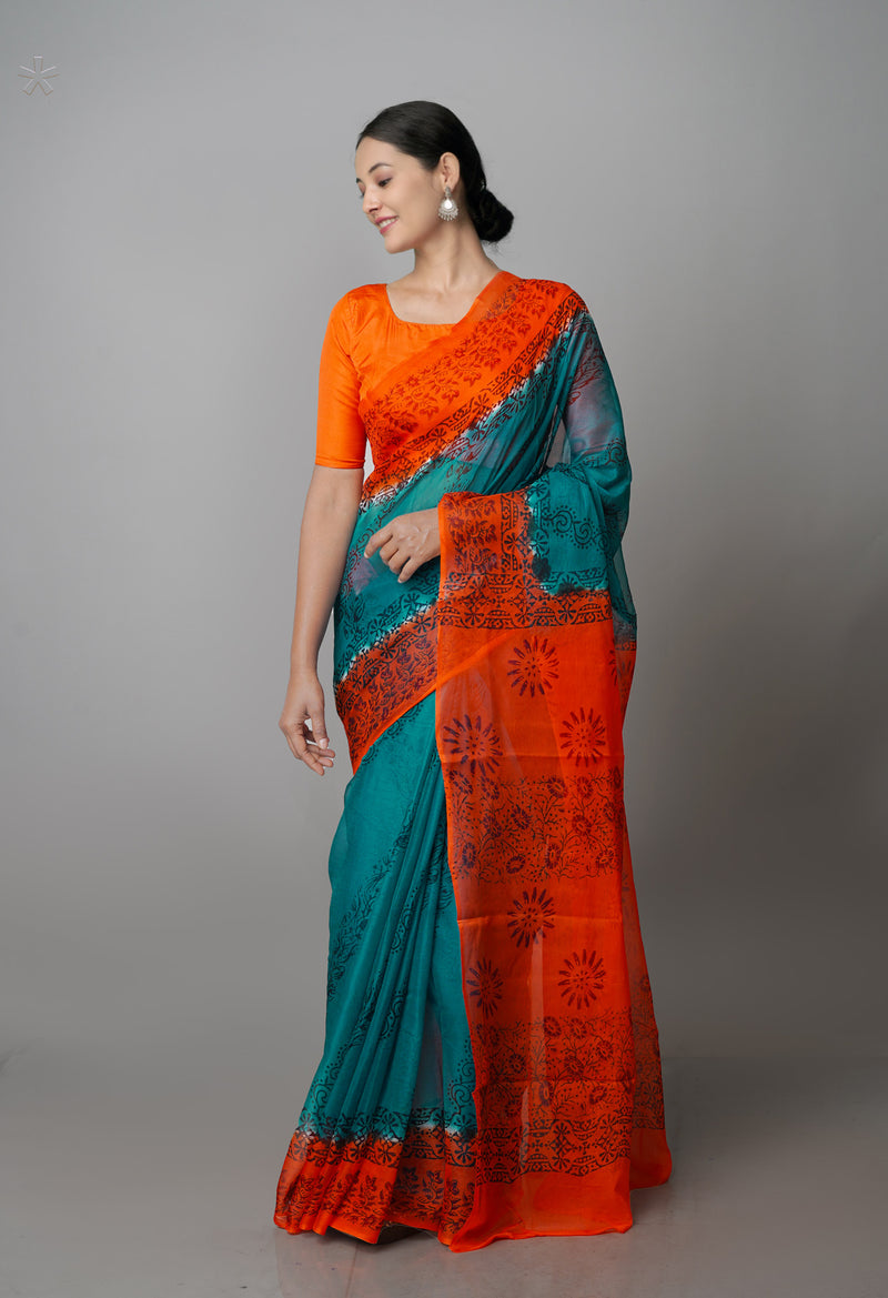 Green-Orange  Diamond Chiffion Rapid Hand Block Printed Silk Saree-UNM69375