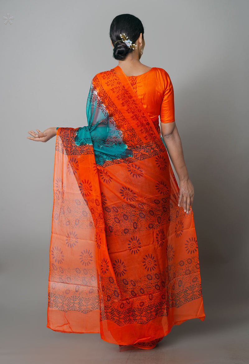 Green-Orange  Diamond Chiffion Rapid Hand Block Printed Silk Saree-UNM69375