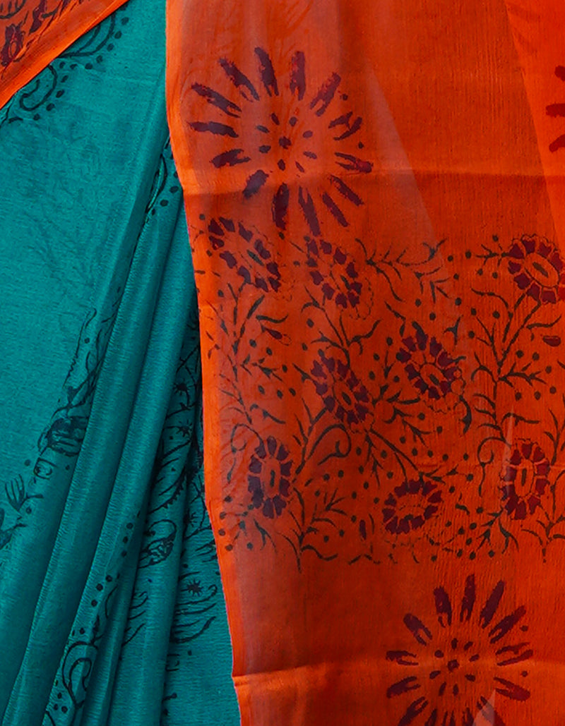 Green-Orange  Diamond Chiffion Rapid Hand Block Printed Silk Saree-UNM69375