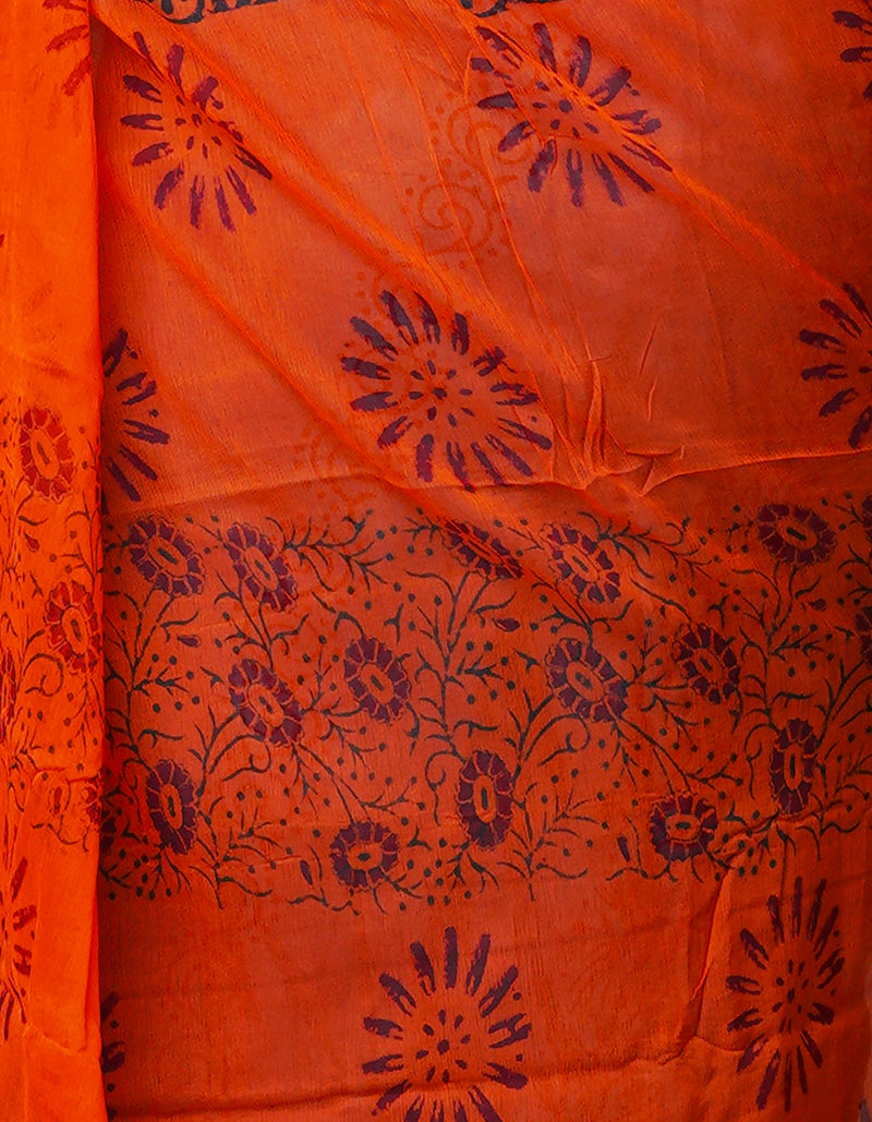 Green-Orange  Diamond Chiffion Rapid Hand Block Printed Silk Saree-UNM69375