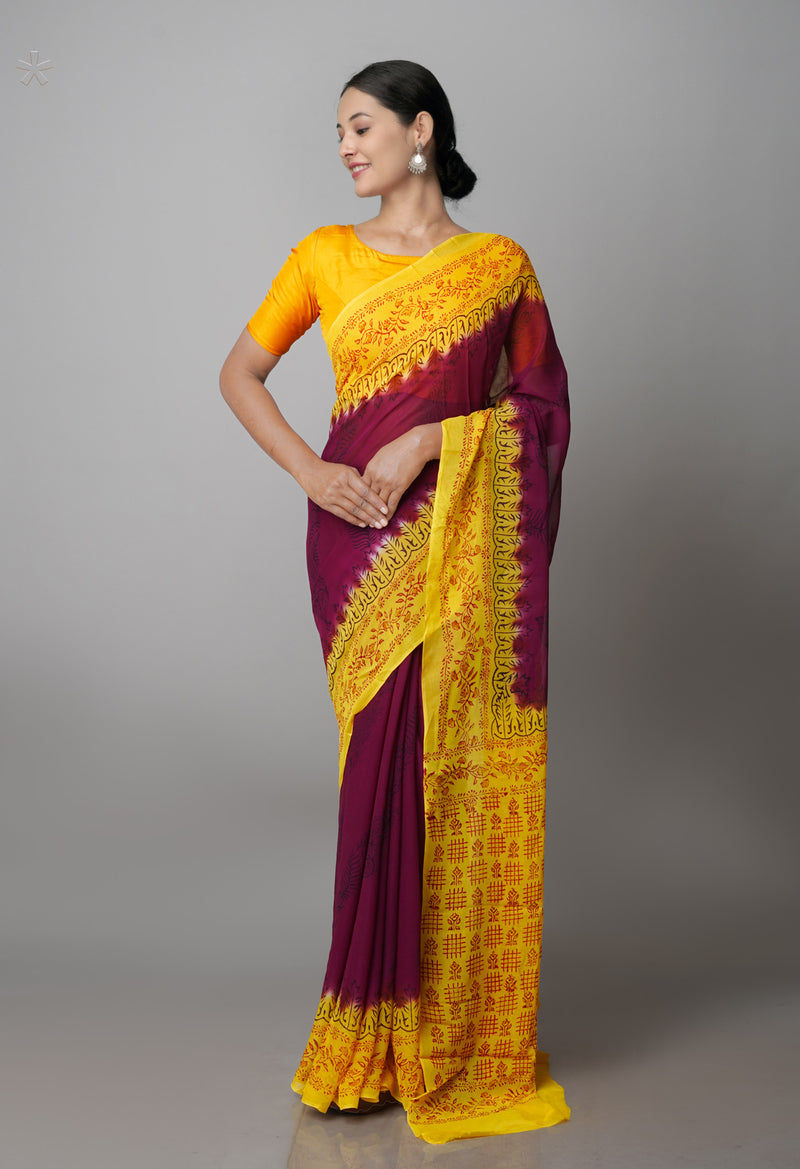 Dark Purple-Yellow  Diamond Chiffion Rapid Hand Block Printed Silk Saree-UNM69376