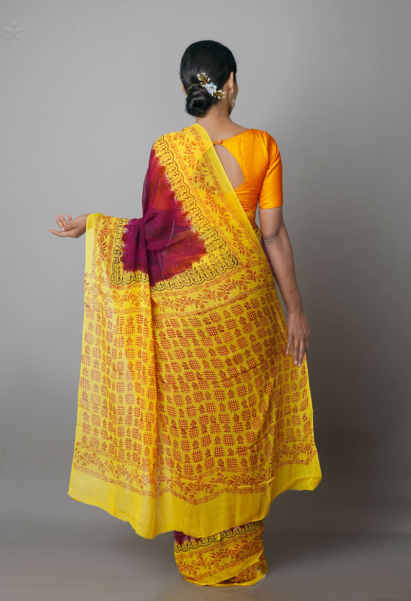 Dark Purple-Yellow  Diamond Chiffion Rapid Hand Block Printed Silk Saree-UNM69376