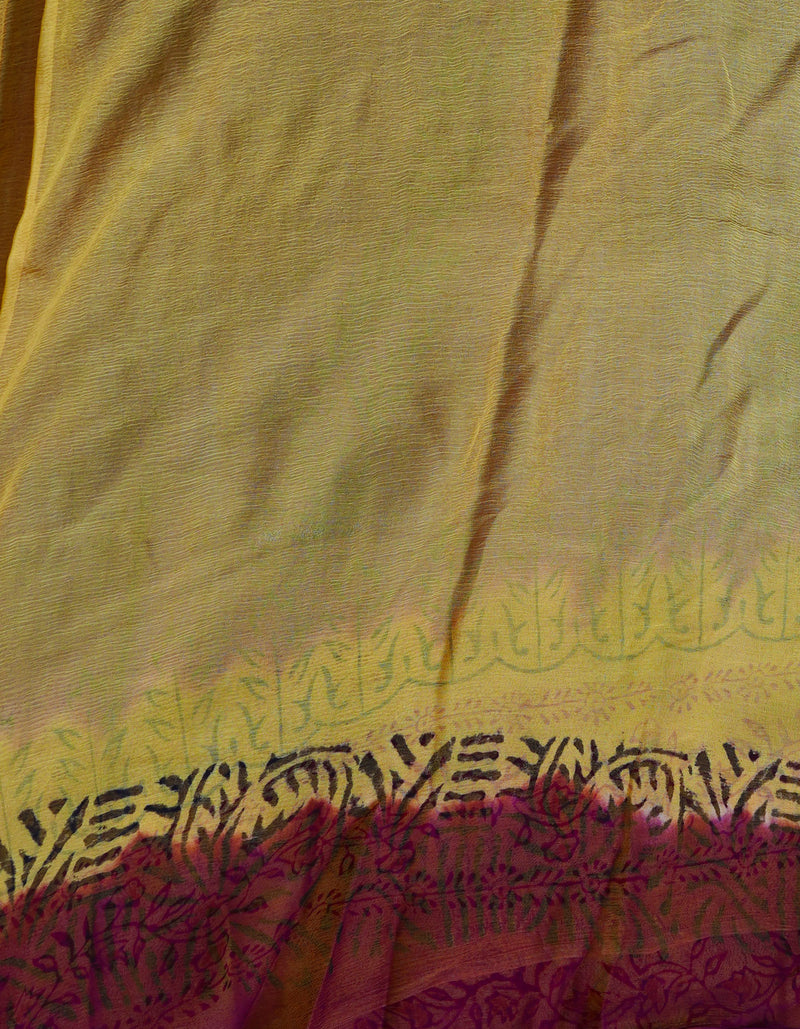 Dark Purple-Yellow  Diamond Chiffion Rapid Hand Block Printed Silk Saree-UNM69376