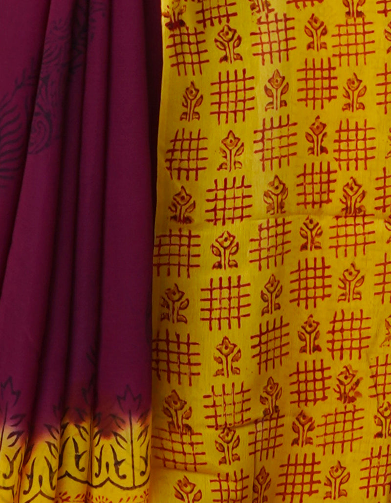 Dark Purple-Yellow  Diamond Chiffion Rapid Hand Block Printed Silk Saree-UNM69376