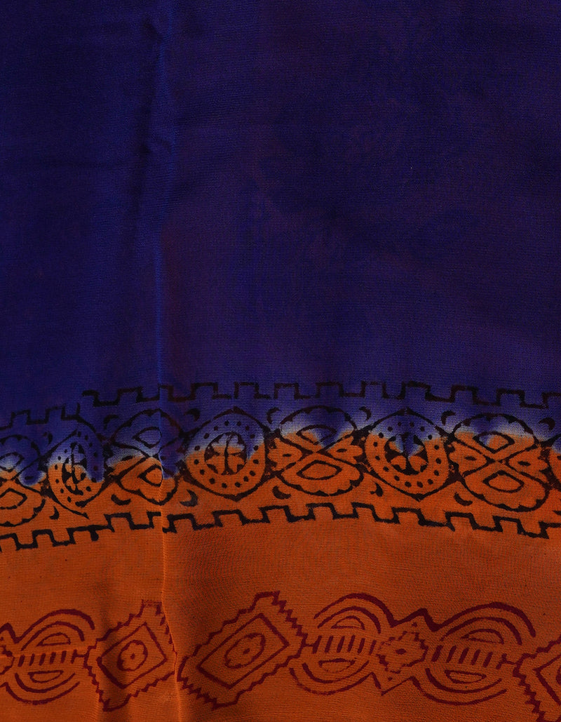Orange-Blue  Diamond Chiffion Rapid Hand Block Printed Silk Saree-UNM69377