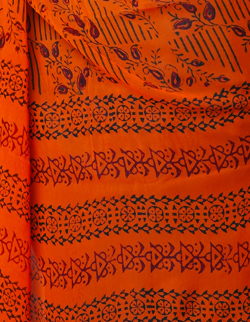 Green-Orange  Diamond Chiffion Rapid Hand Block Printed Silk Saree-UNM69380