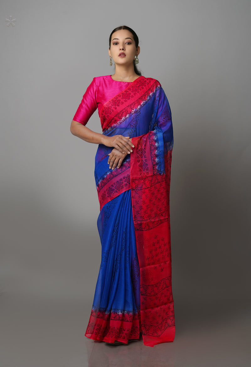 Blue-Pink  Diamond Chiffion Rapid Hand Block Printed Silk Saree-UNM69381
