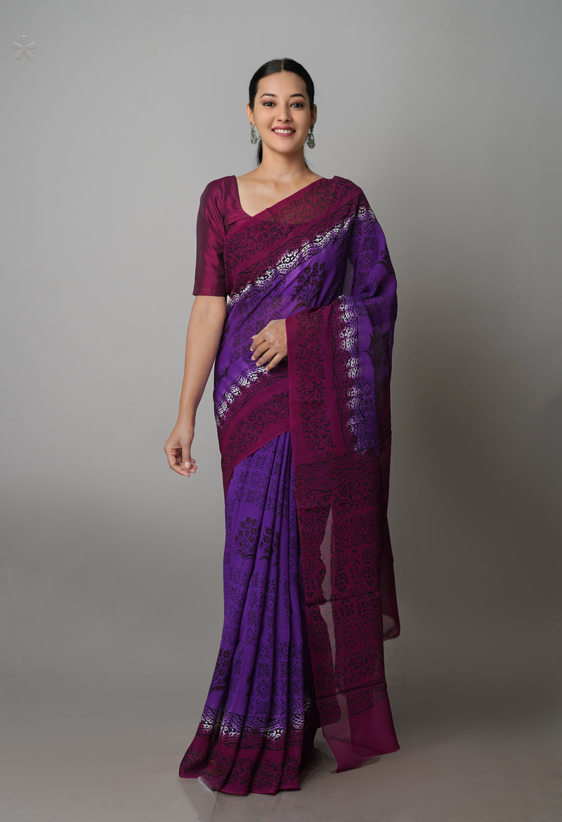 Purple-Dark Purple  Georgette Rapid Hand Block Printed Silk Saree-UNM69382