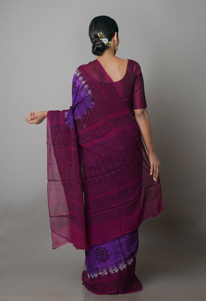 Purple-Dark Purple  Georgette Rapid Hand Block Printed Silk Saree-UNM69382