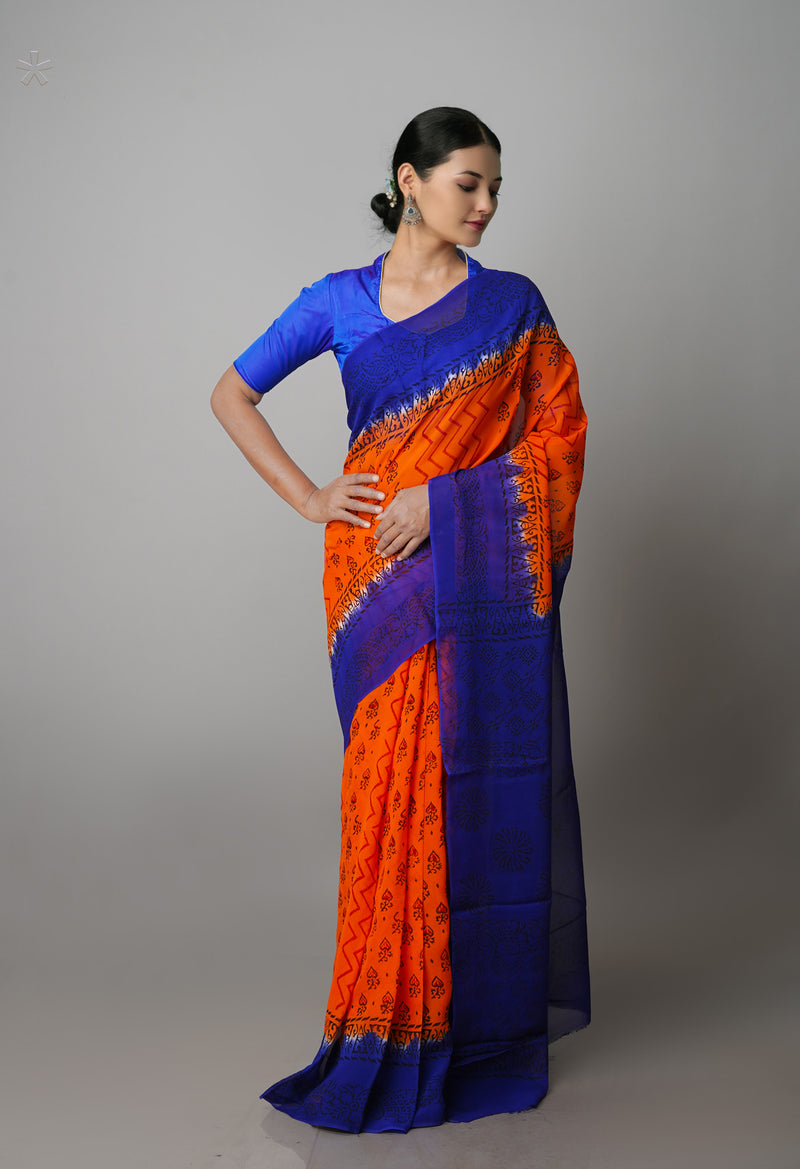 Orange-Blue  Georgette Rapid Hand Block Printed Silk Saree-UNM69383
