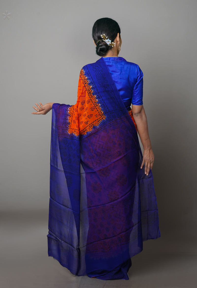 Orange-Blue  Georgette Rapid Hand Block Printed Silk Saree-UNM69383