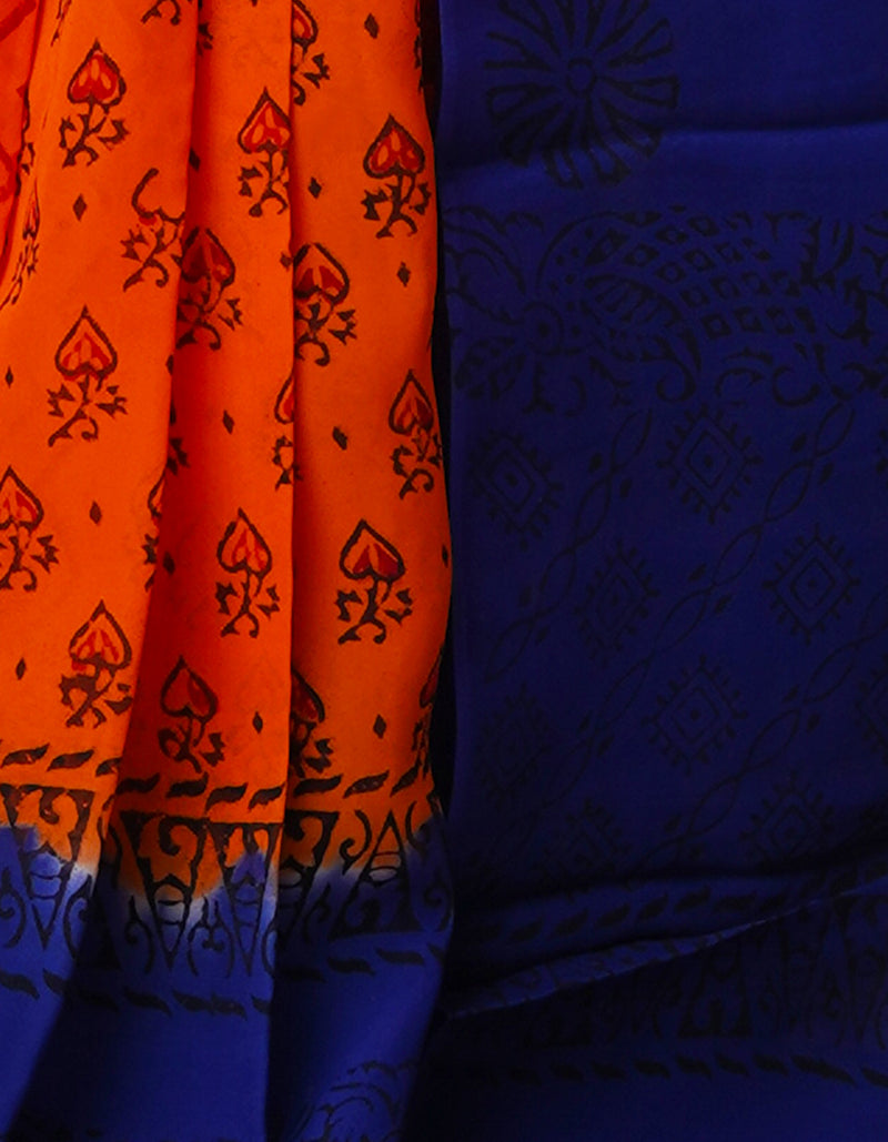 Orange-Blue  Georgette Rapid Hand Block Printed Silk Saree-UNM69383