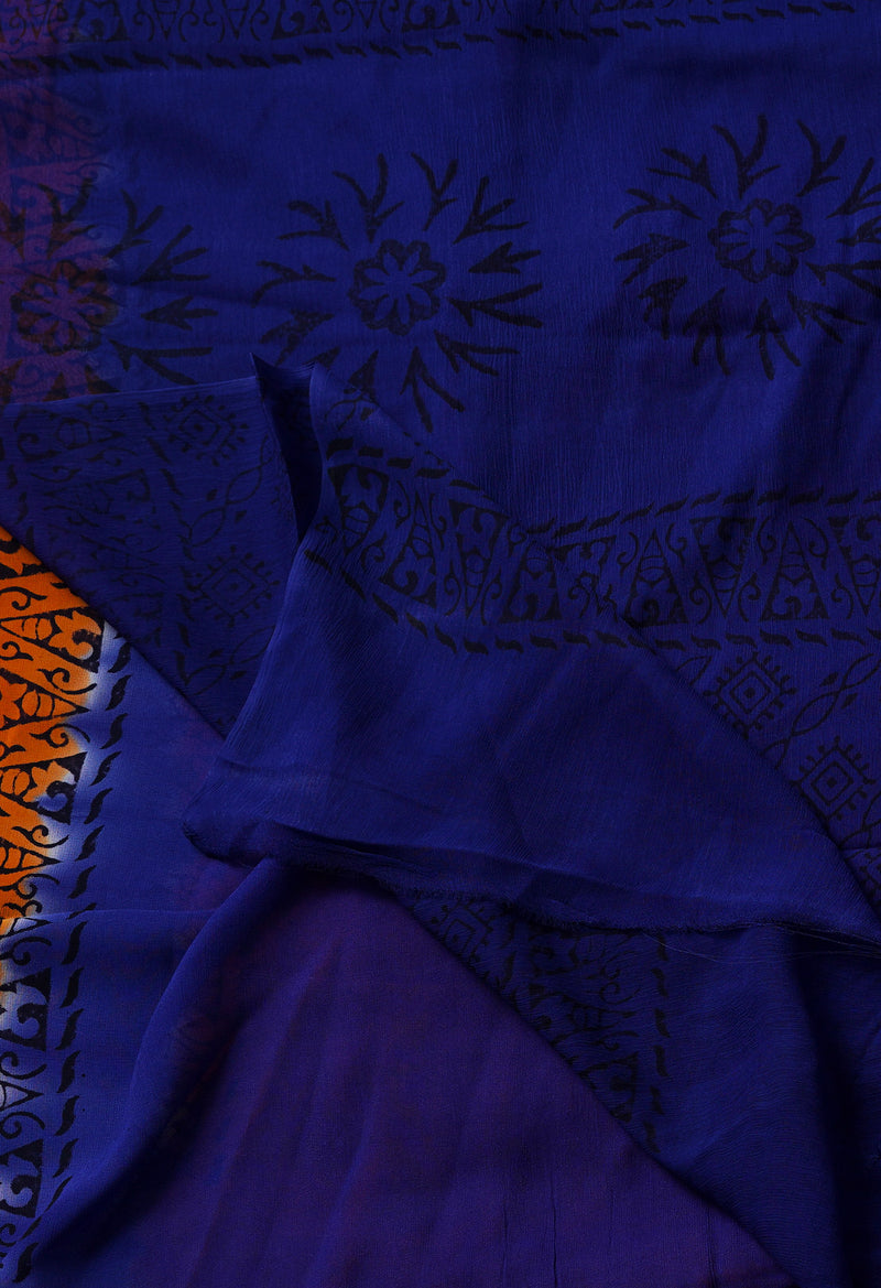 Orange-Blue  Georgette Rapid Hand Block Printed Silk Saree-UNM69386