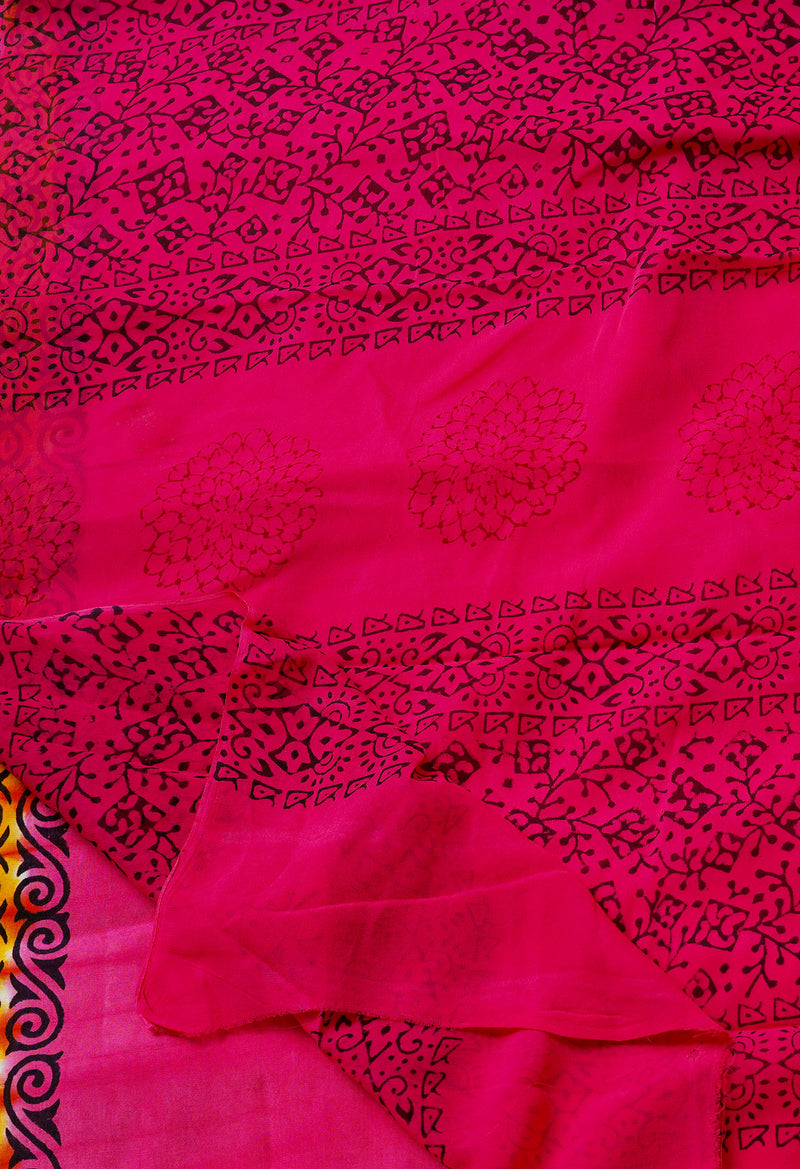 Yellow-Pink  Georgette Rapid Hand Block Printed Silk Saree-UNM69388