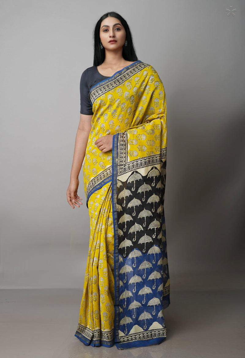 Mehandi Green Pure  Preet Bagru Chanderi Sico Saree-UNM69390