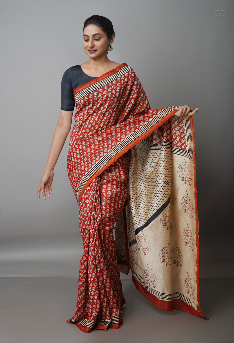 Red Pure  Preet Bagru Chanderi Sico Saree-UNM69393