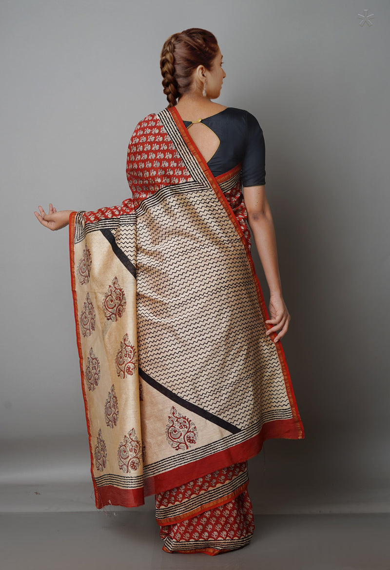 Red Pure  Preet Bagru Chanderi Sico Saree-UNM69393