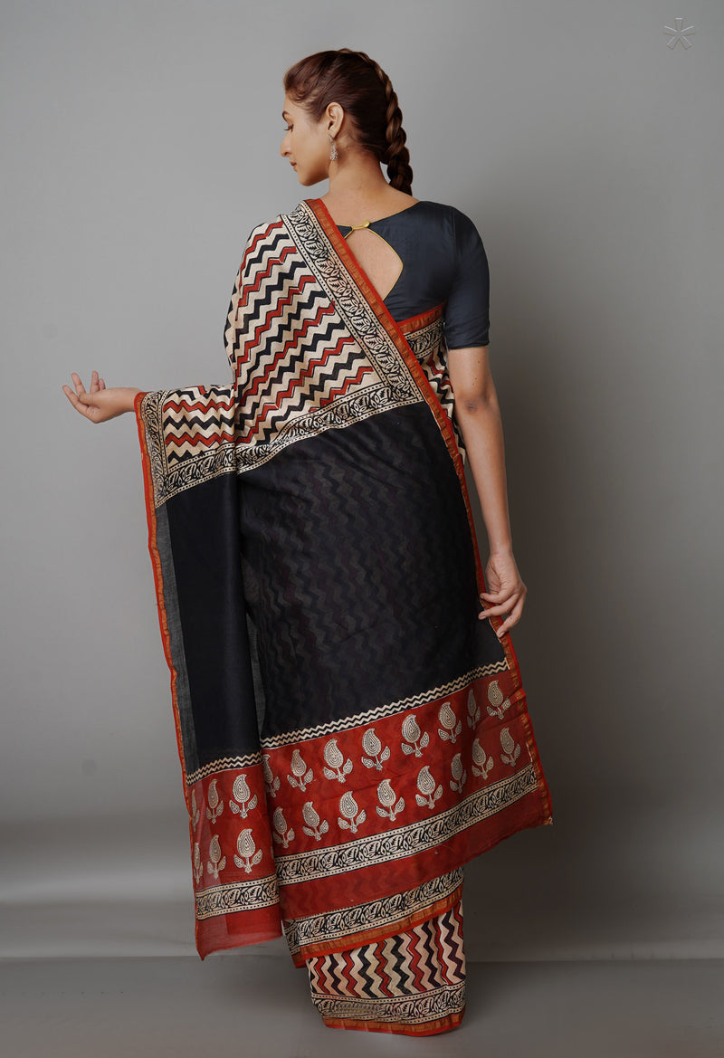 Multi Pure  Preet Bagru Chanderi Sico Saree-UNM69394