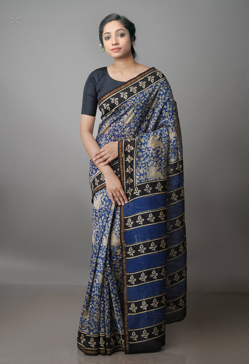 Blue Pure  Preet Bagru Chanderi Sico Saree-UNM69395