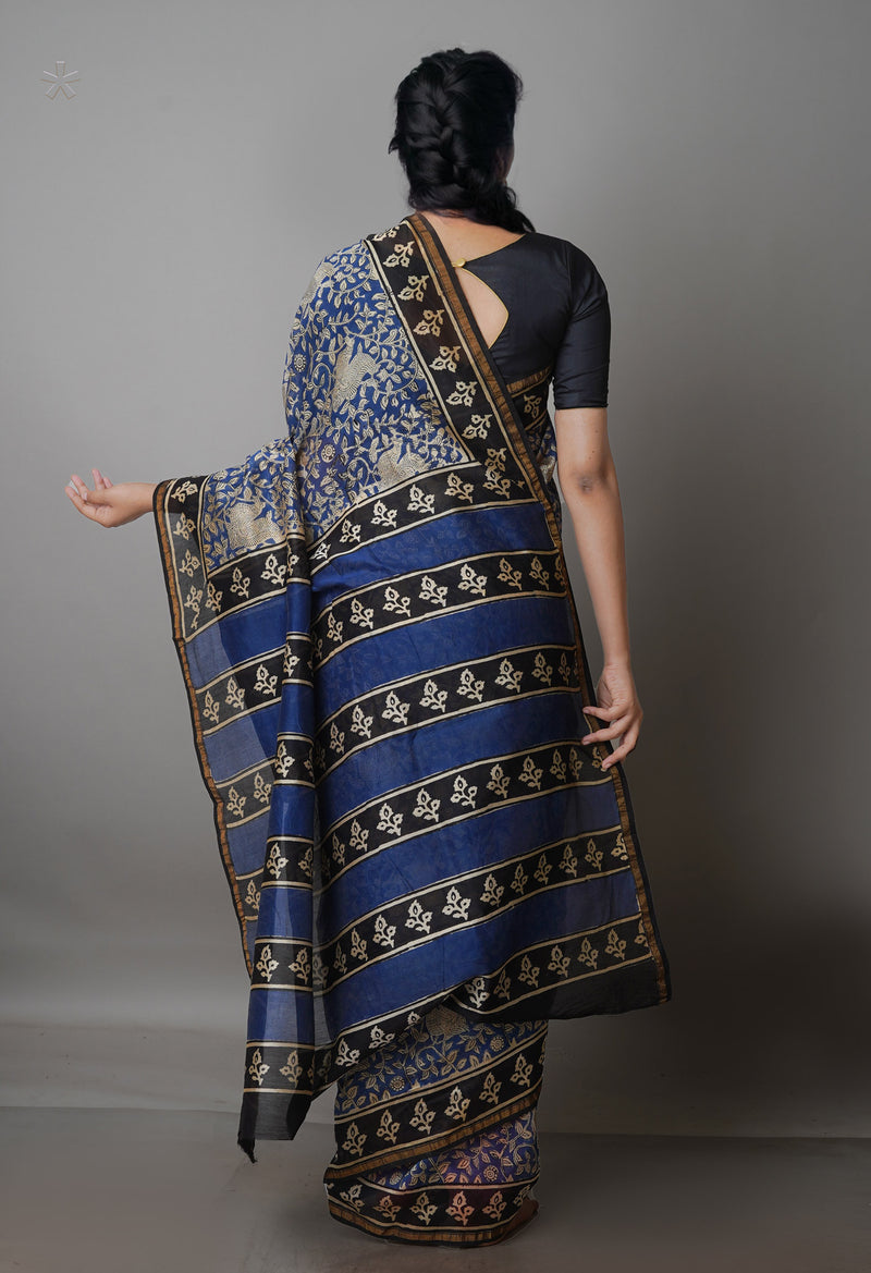 Blue Pure  Preet Bagru Chanderi Sico Saree-UNM69395