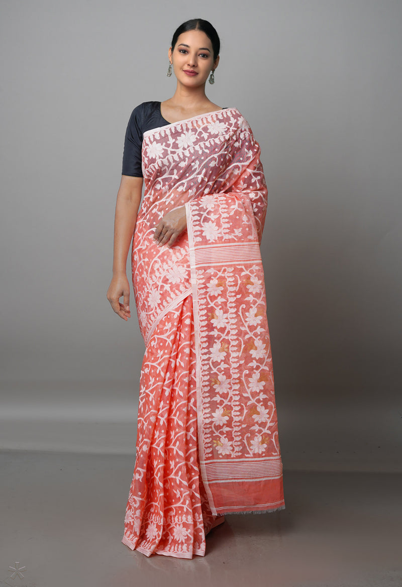 Peach Red Pure Handloom Jamdhani Bengal Mercerized Cotton Saree-UNM69401