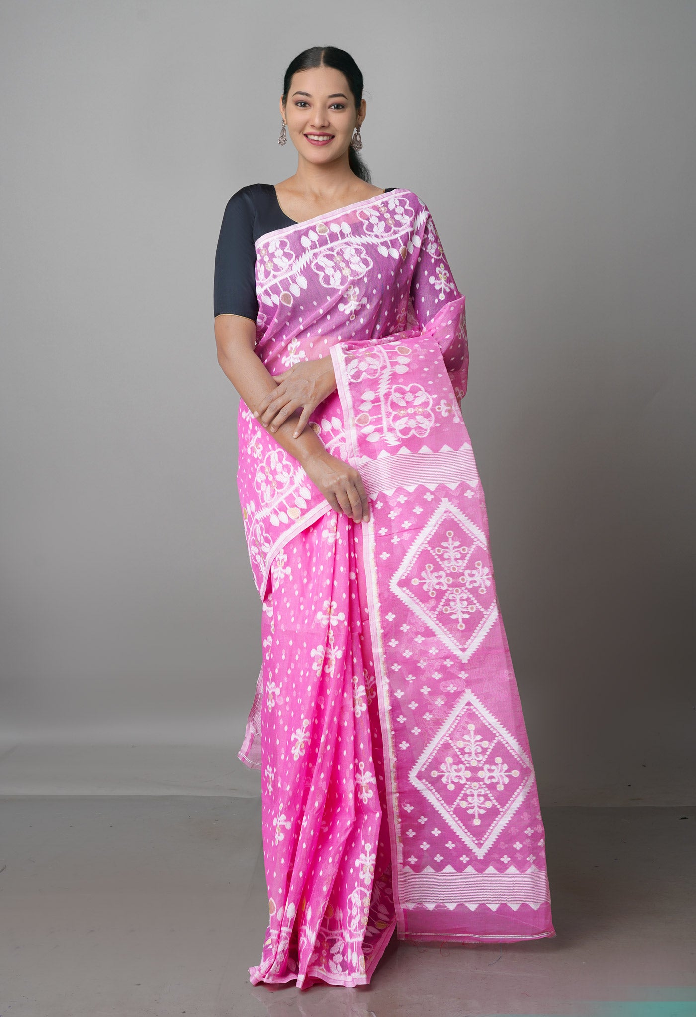 Baby Pink Pure Handloom Jamdhani Bengal Mercerized Cotton Saree-UNM69403