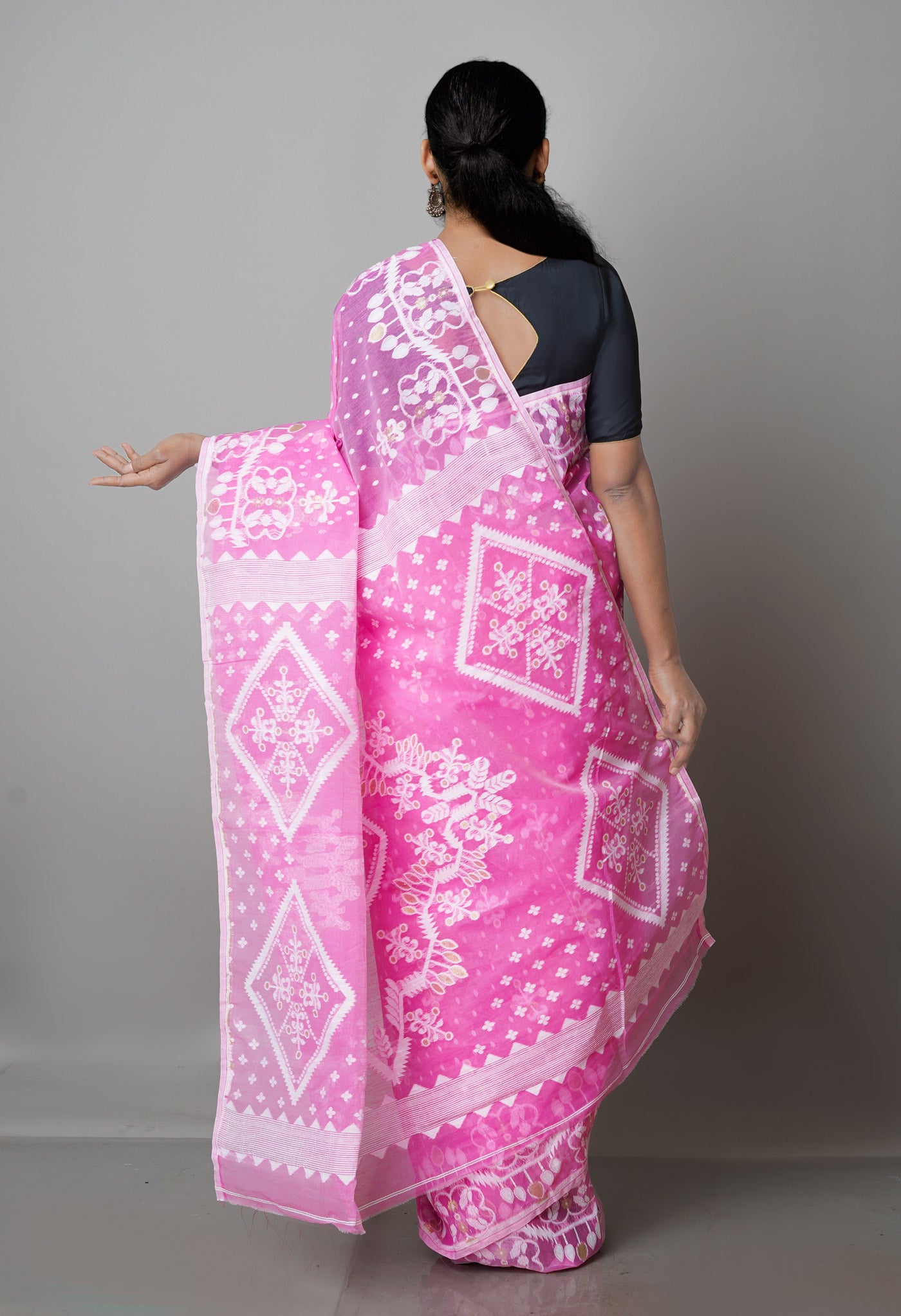 Baby Pink Pure Handloom Jamdhani Bengal Mercerized Cotton Saree-UNM69403