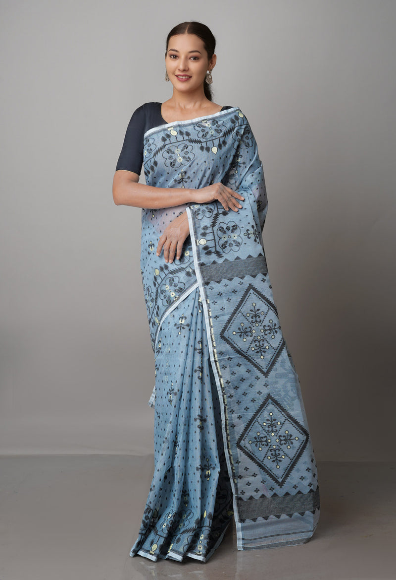 Grey Pure Handloom Jamdhani Bengal Mercerized Cotton Saree-UNM69404