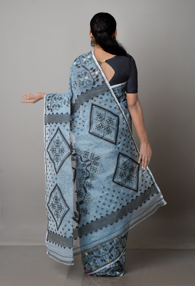 Grey Pure Handloom Jamdhani Bengal Mercerized Cotton Saree-UNM69404
