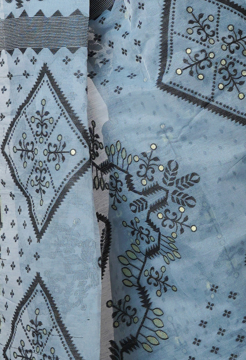 Grey Pure Handloom Jamdhani Bengal Mercerized Cotton Saree-UNM69404