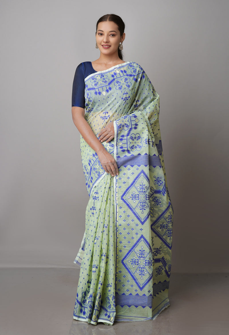 Pale Green Pure Handloom Jamdhani Bengal Mercerized Cotton Saree-UNM69407