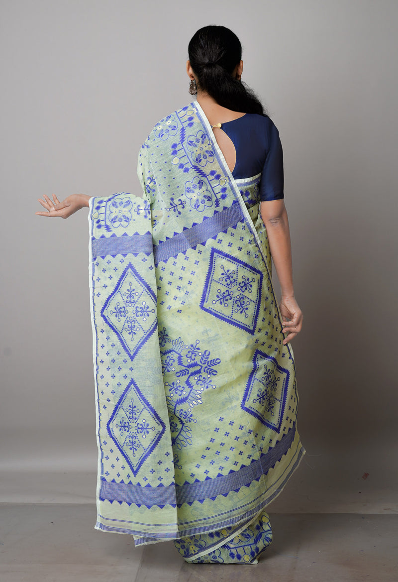 Pale Green Pure Handloom Jamdhani Bengal Mercerized Cotton Saree-UNM69407