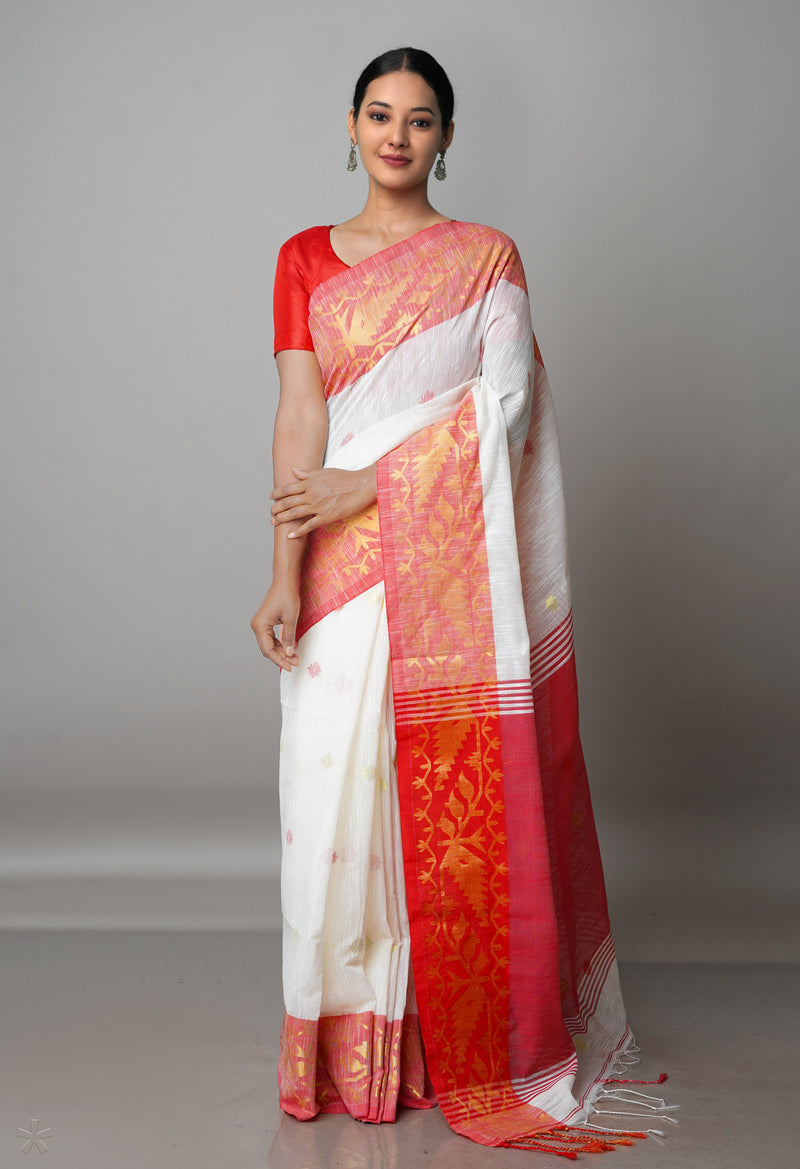 White Pure Handloom Jamdhani Bengal Sico Saree-UNM69408