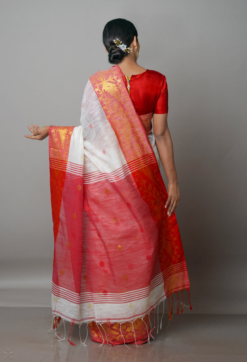 White Pure Handloom Jamdhani Bengal Sico Saree-UNM69408