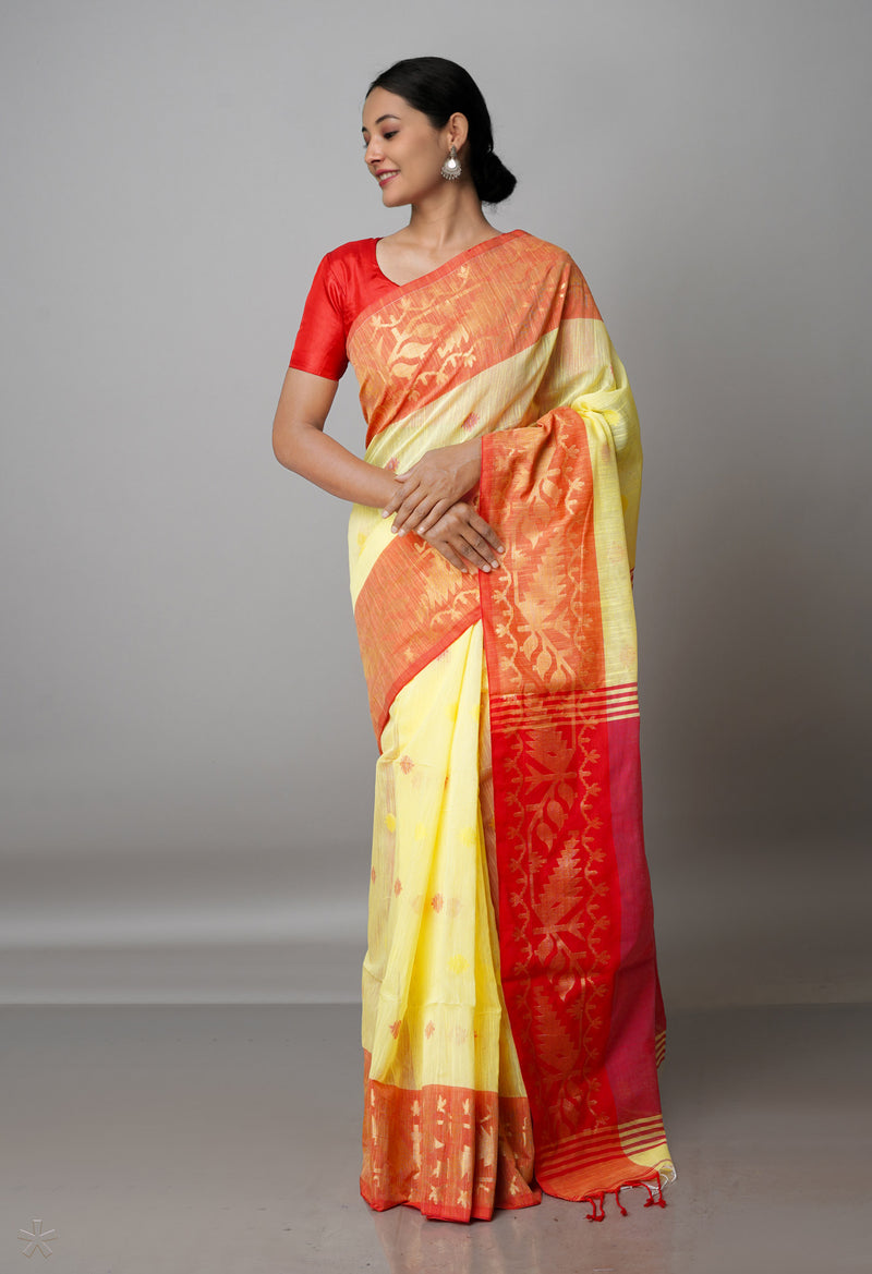 Light Mehendi Green Pure Handloom Jamdhani Bengal Sico Saree-UNM69409