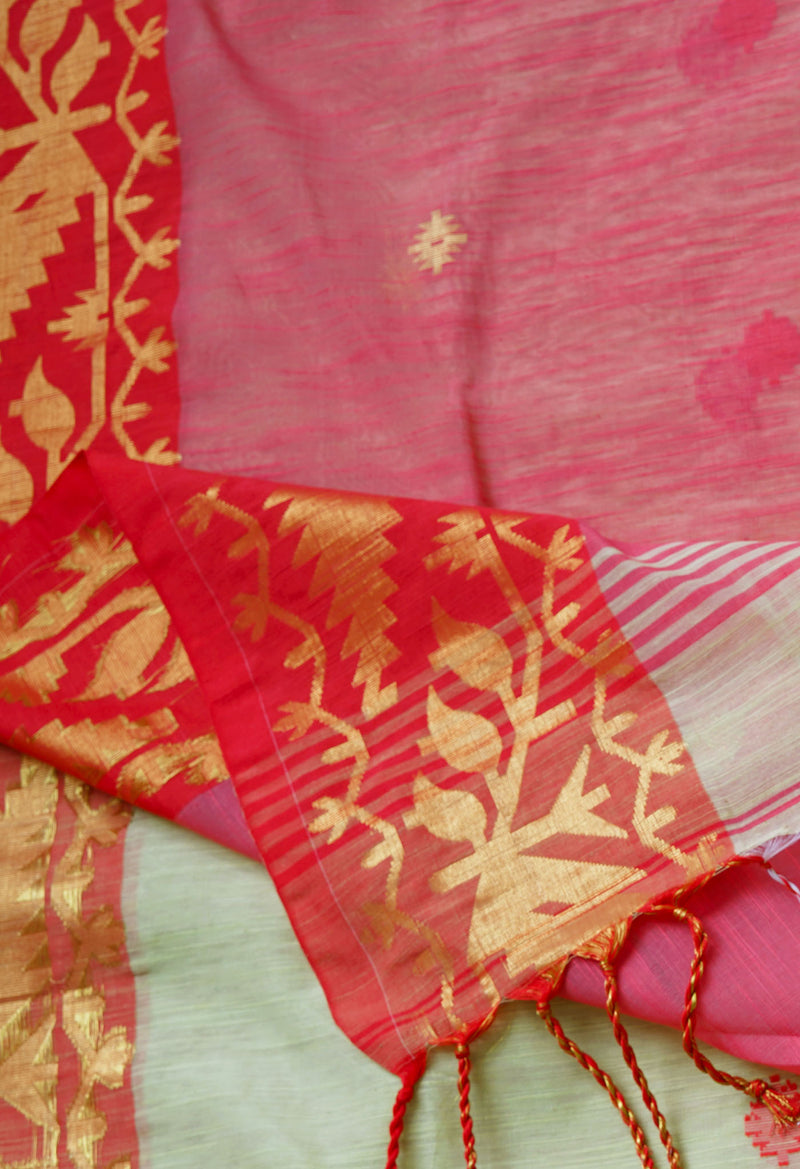 Light Mehendi Green Pure Handloom Jamdhani Bengal Sico Saree-UNM69409