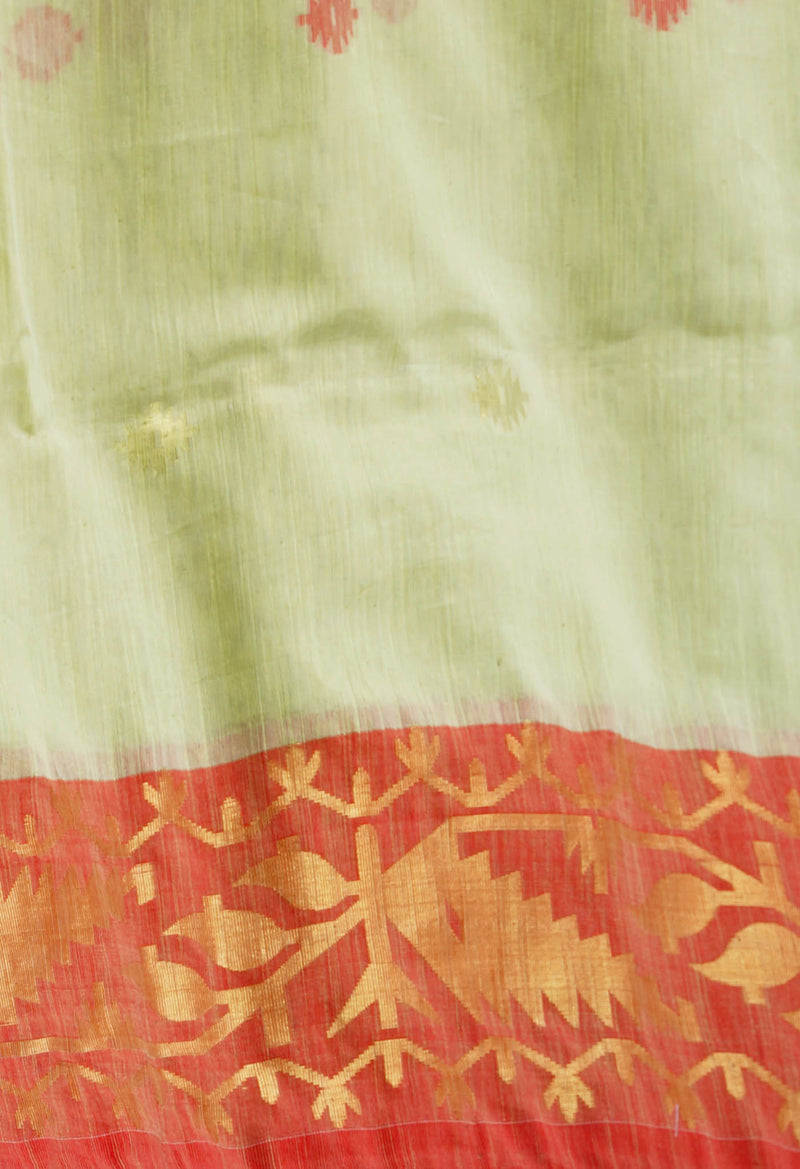 Light Mehendi Green Pure Handloom Jamdhani Bengal Sico Saree-UNM69410