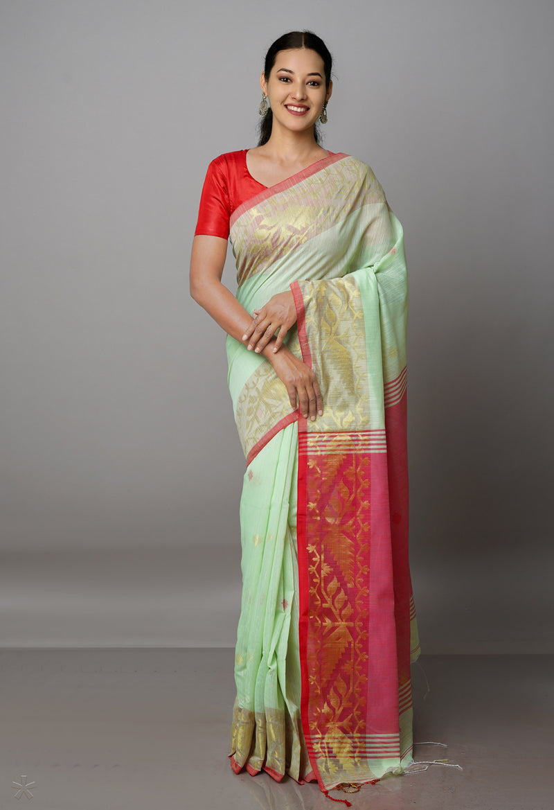 Pastel Green Pure Handloom Jamdhani Bengal Sico Saree-UNM69412