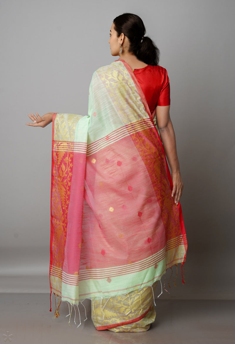 Pastel Green Pure Handloom Jamdhani Bengal Sico Saree-UNM69412
