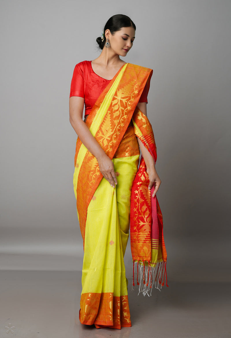 Light Yellow Pure Handloom Jamdhani Bengal Sico Saree-UNM69414