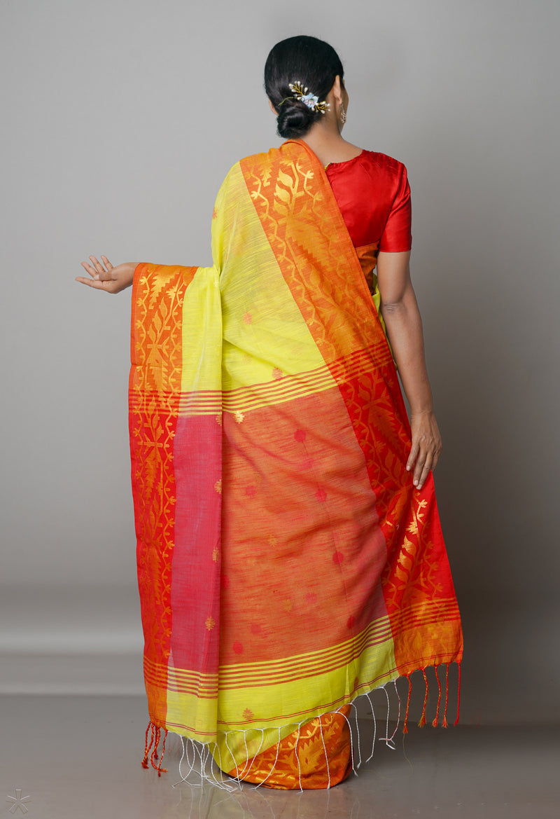 Light Yellow Pure Handloom Jamdhani Bengal Sico Saree-UNM69414