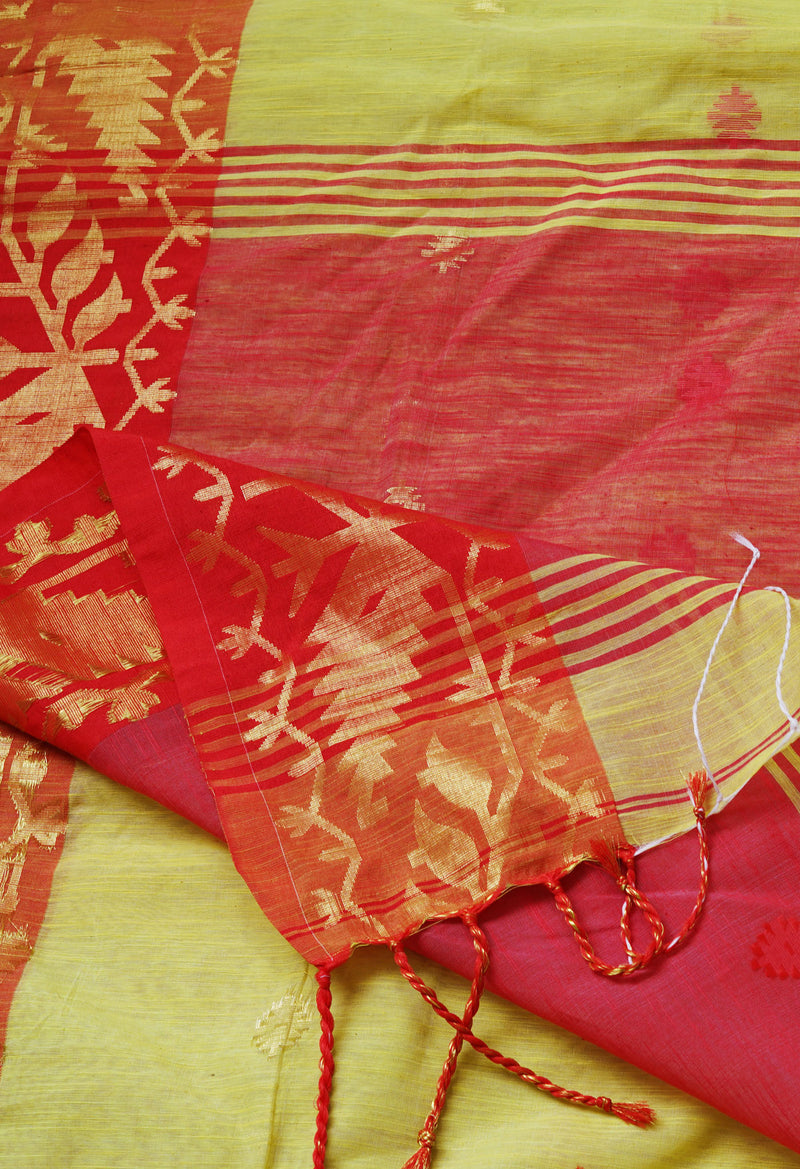 Light Yellow Pure Handloom Jamdhani Bengal Sico Saree-UNM69414