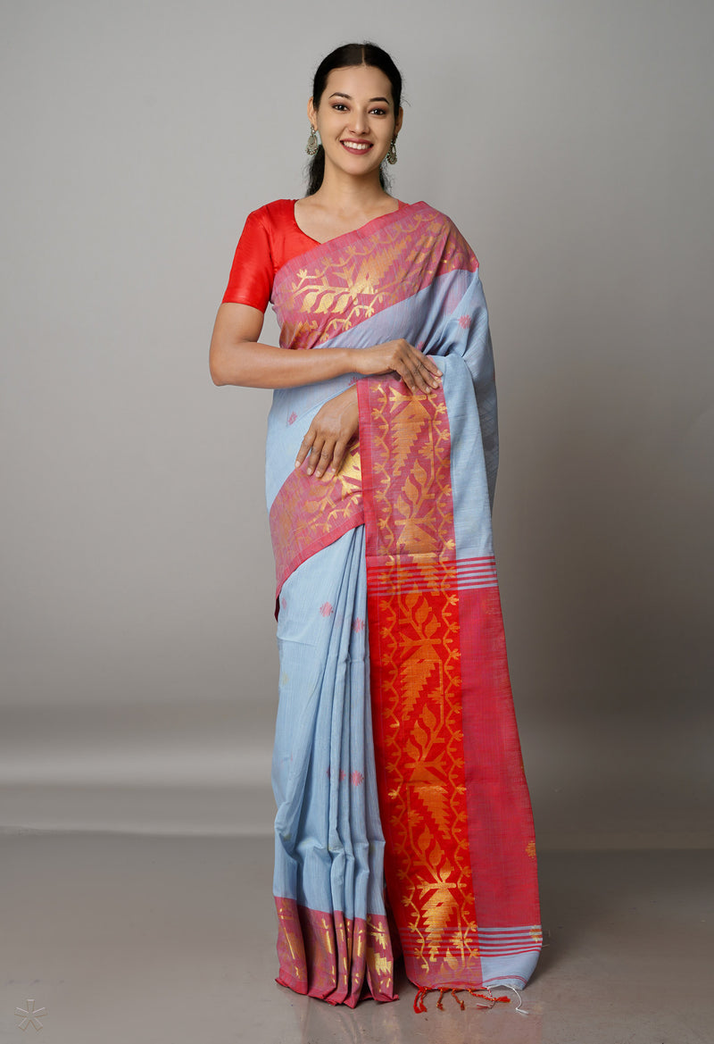 Light Blue Pure Handloom Jamdhani Bengal Sico Saree-UNM69415