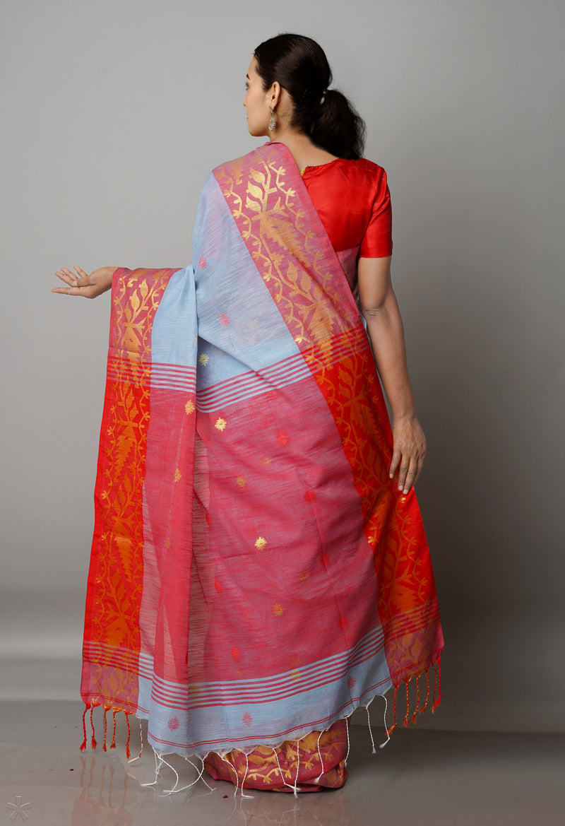 Light Blue Pure Handloom Jamdhani Bengal Sico Saree-UNM69415