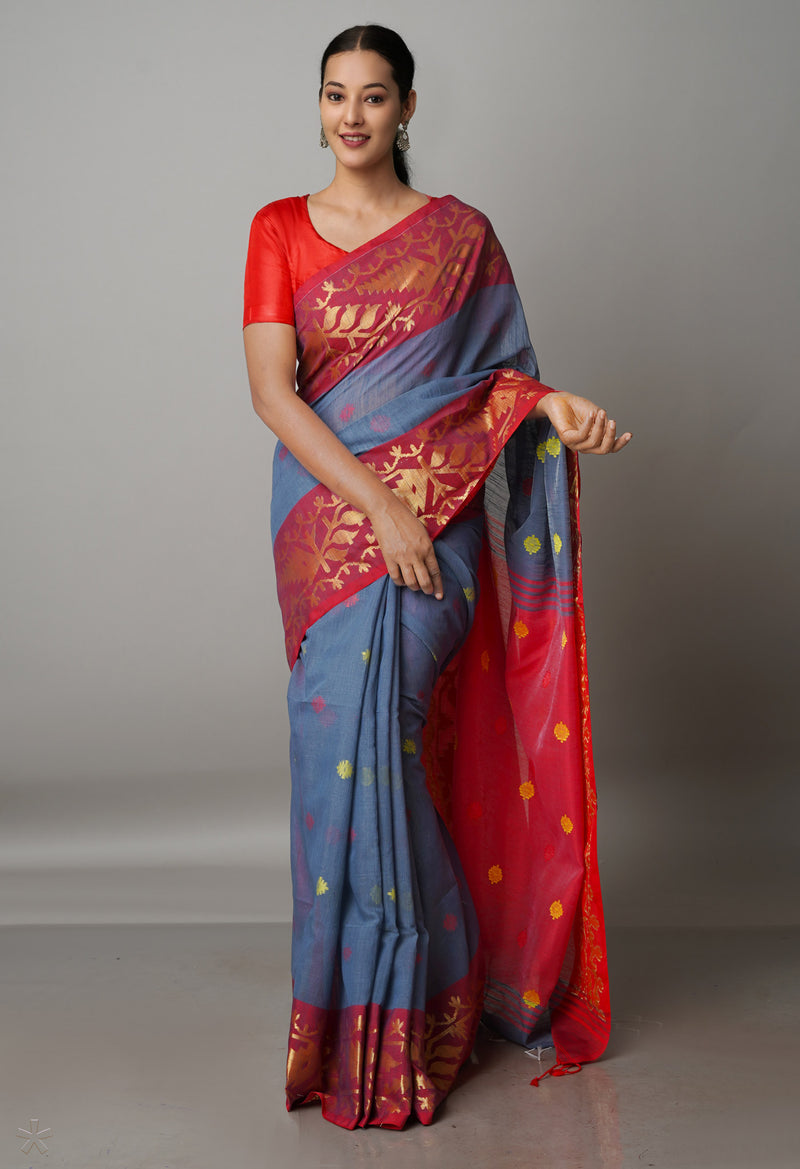 Grey Pure Handloom Jamdhani Bengal Sico Saree-UNM69417