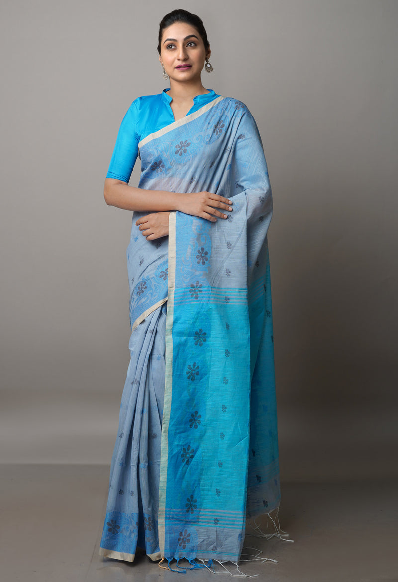 Bluish Grey Pure Handloom Jamdhani Bengal Sico Saree-UNM69419