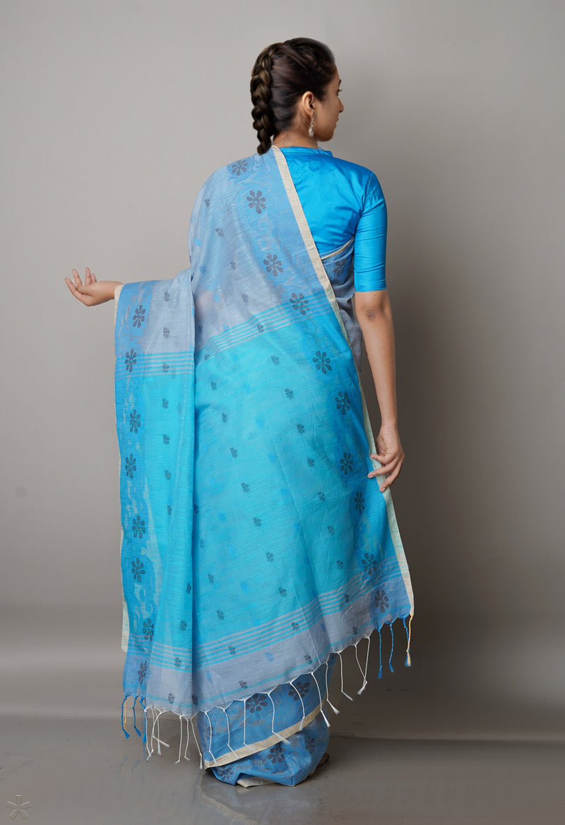 Bluish Grey Pure Handloom Jamdhani Bengal Sico Saree-UNM69419