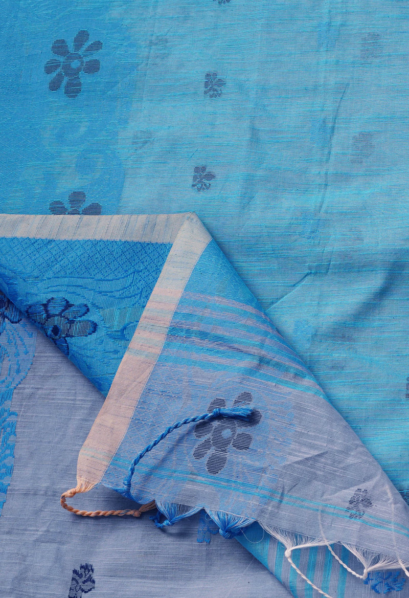 Bluish Grey Pure Handloom Jamdhani Bengal Sico Saree-UNM69419